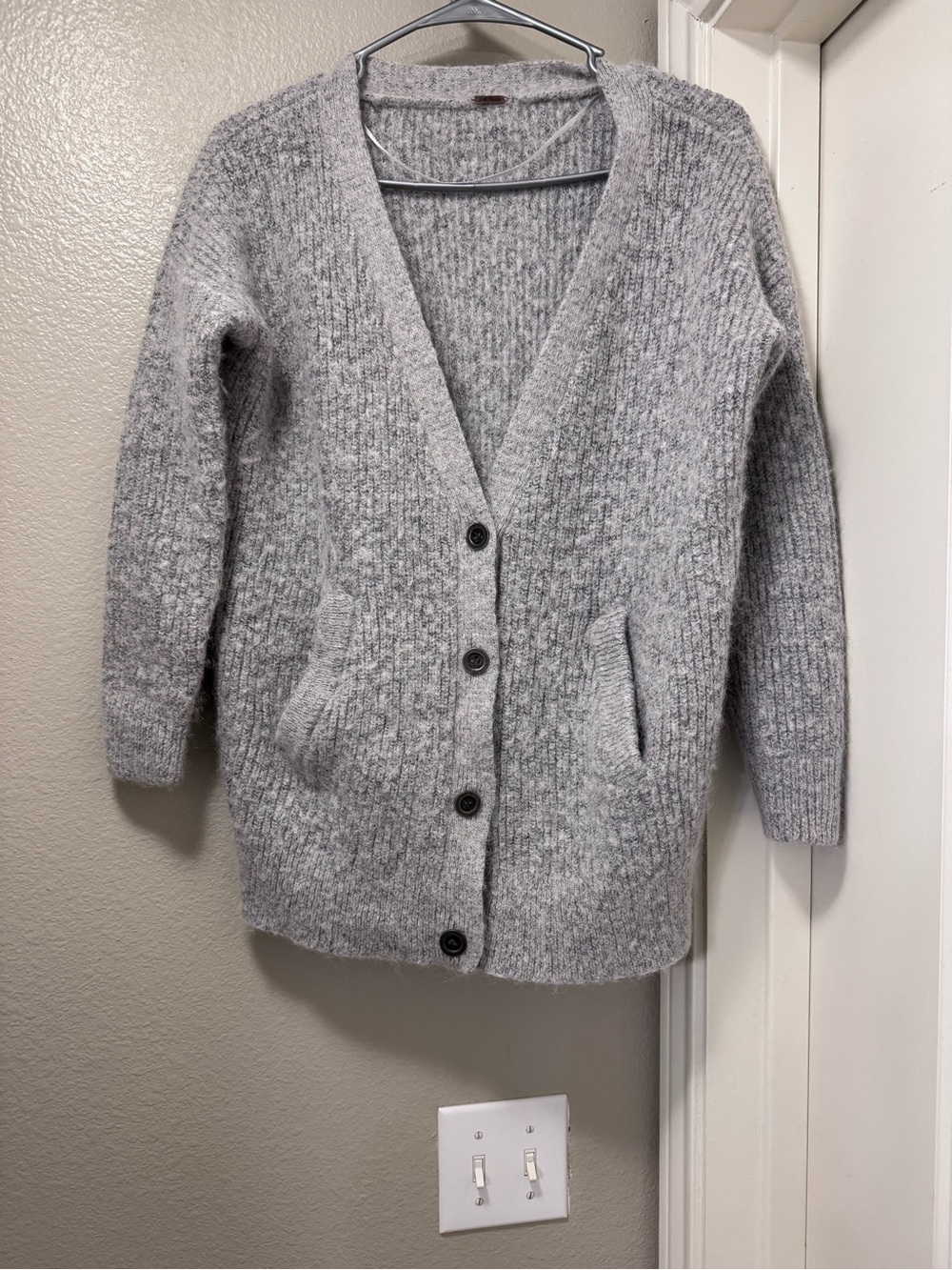 Free People Light Grey Ribbed V-Neck Button Cardigan
